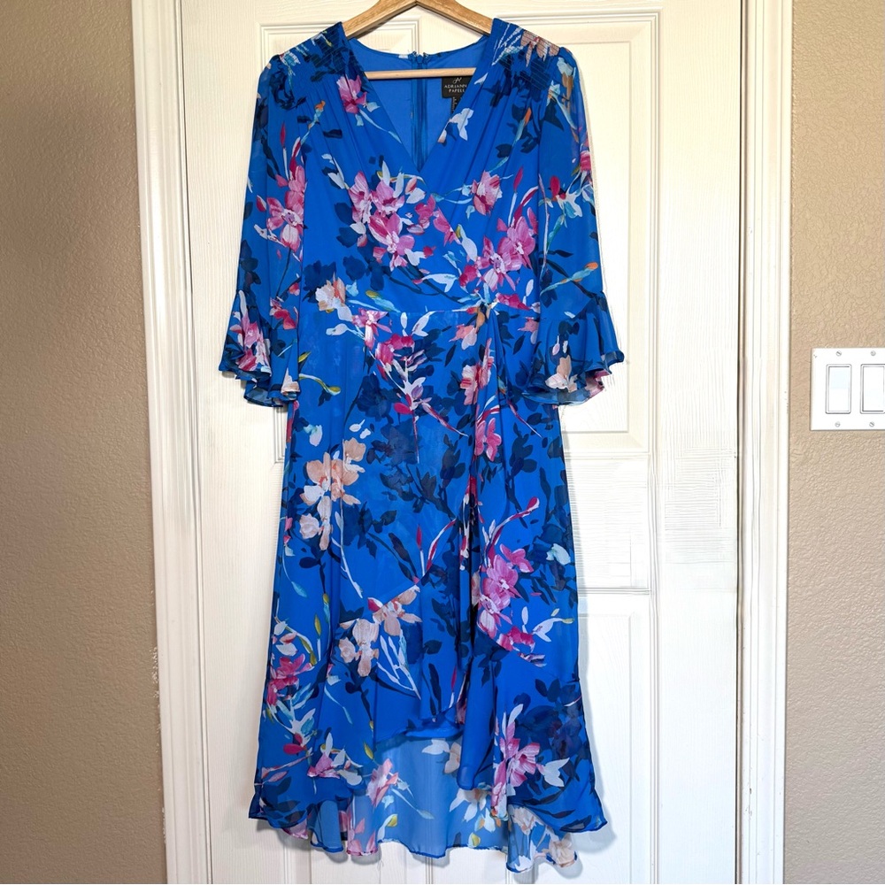 Adrianna Papell Blue Floral Faux Wrap Y2K 90s Fairy Flowy Ruffle Dress Size 4 - Picture 2 of 12